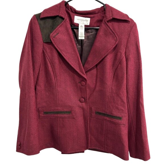 Liz Claiborne Woolmark Blend Blazer Red Brown Accent Faux Suede Trim Sz 12P - Picture 1 of 9
